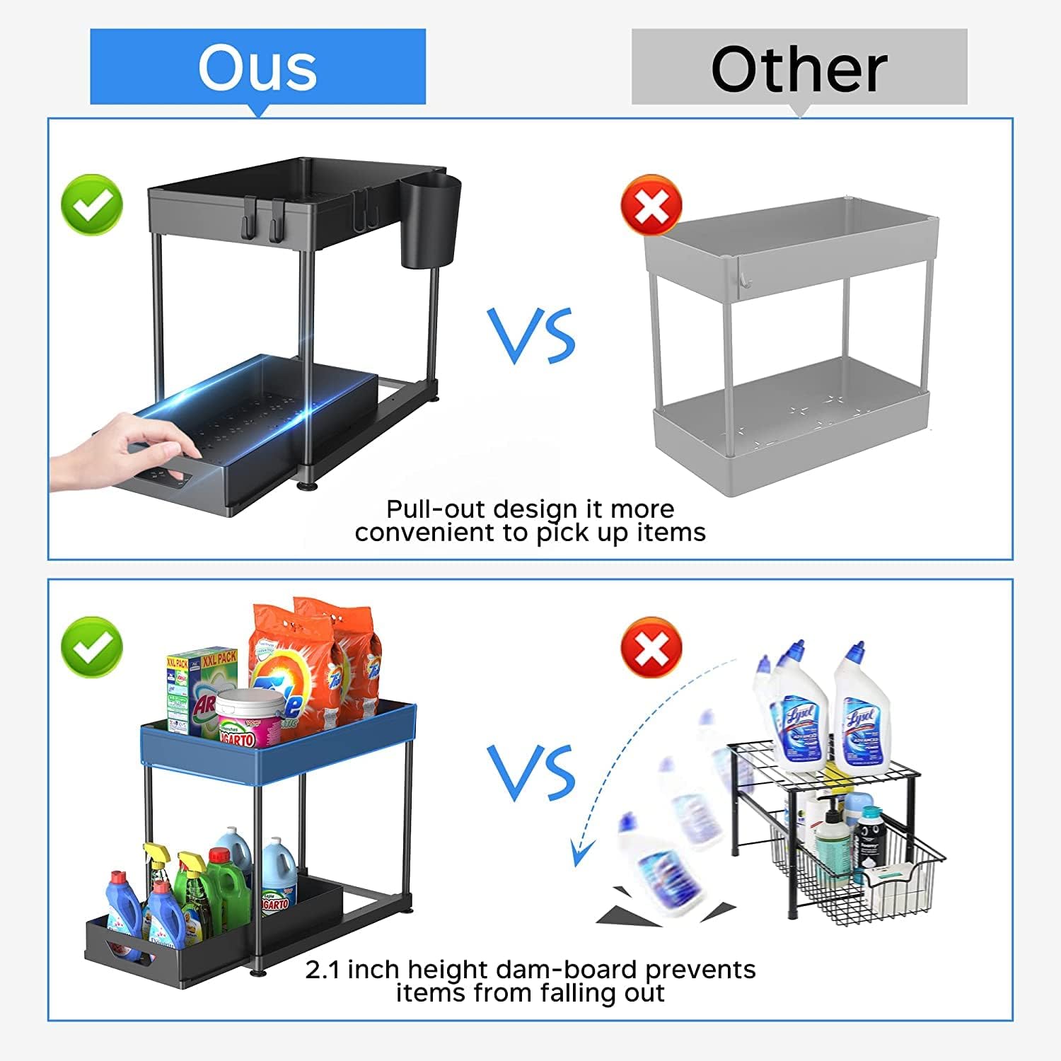 HEMOVIA Under Sink Organizer,Sliding Under Bathroom Automobiles Cabinet Storage Drawer Organizer Hanging Cup,Dividers,Handles,Mu